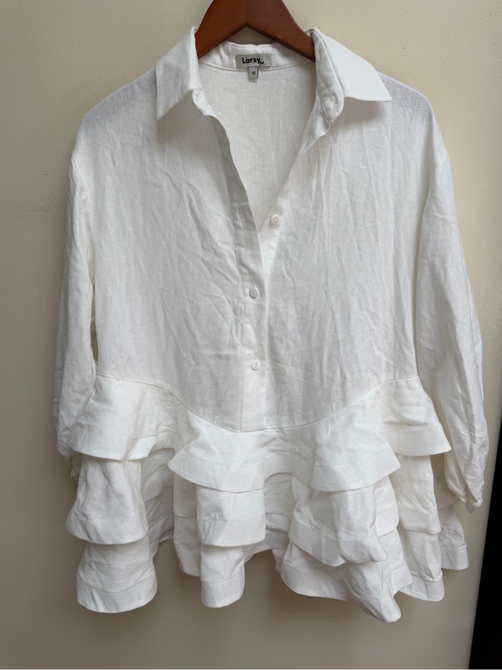 Larsy Linen White Ruffle Hem Button-Down Top